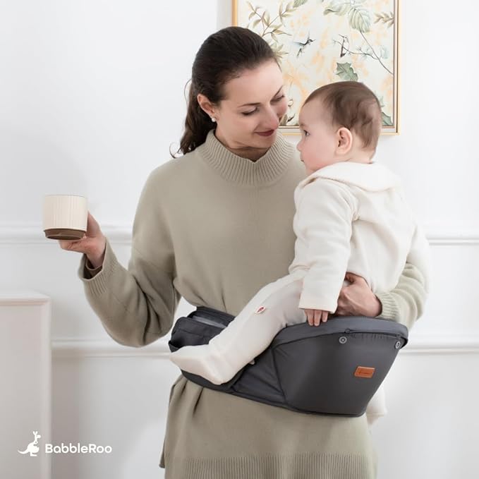 BabbleRoo Grow Carrier – Safety-Certified 6-in-1 Baby Carrier with Hip Seat, Ergonomic & Adjustable Toddler Carrier 7-50 lbs with Hip Support, Hood for Sun Protection, Newborn to Toddler, Denim Leaves