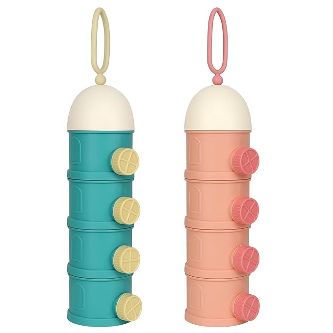 Accmor Formula Dispenser On The Go, 4 Layers Stackable Formula Container to Go, Non-Spill Portable Milk Powder Baby & Kids Snack Container, Green Pink