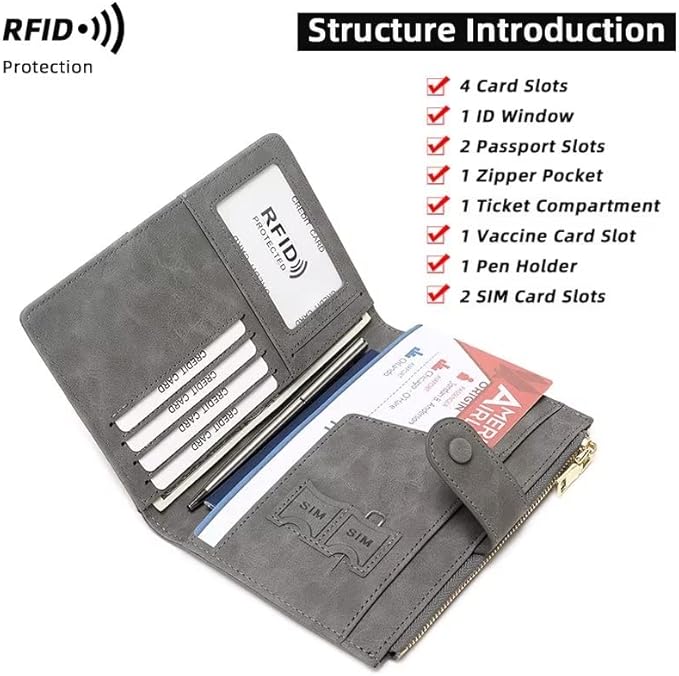 Mudono Passport and Card Holder for Women RFID Blocking Card Case Slim Travel Wallet Change Purse with Vaccine Card Slot