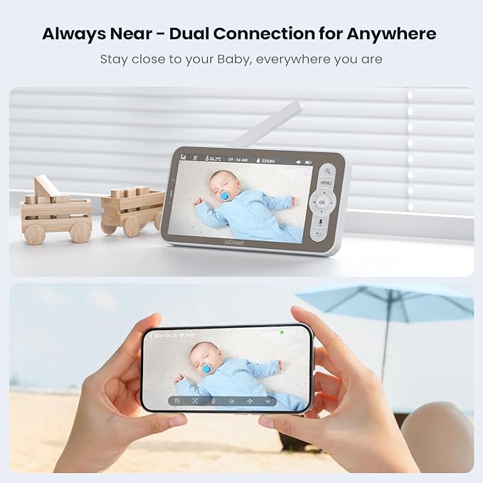 ieGeek Baby Monitor with 2K Camera and Audio - Video Monitor with 5" Screen - Night Vision, Two-Way Talk, Cry & Motion Detection, Temper& Humidity Sensor, PTZ, Remote Control via Screen and Free APP