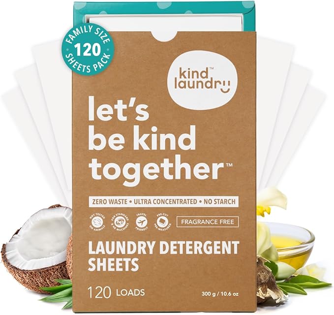 Kind Laundry Detergent Sheets with Stain-Fighting Enzymes - Plant Powered Eco-Friendly Laundry Soap Sheets - Home or Travel Laundry Detergent Fragrance Free, 120 Loads (Mom's Choice Award Winner)