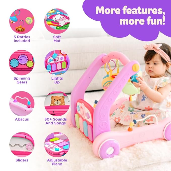 Move2Play, 4-in-1 Baby Play Mat & Activity Center Gym | Walker | Infant Toy for Tummy Time | Birthday Gift for 3, 4, 5, 6, 7, 8, 9, 10, 12 + Month Old Boys & Girls (Pink)