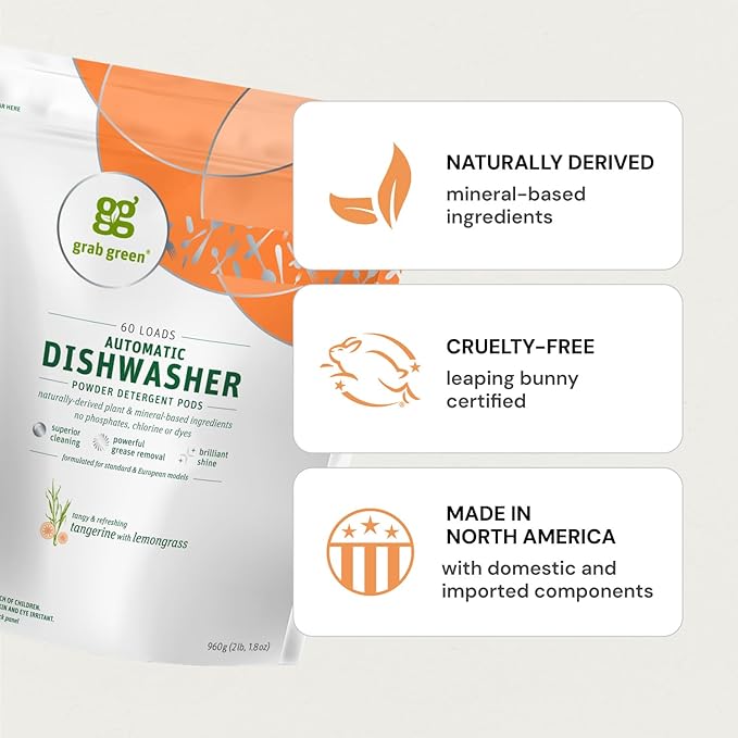 Grab Green Automatic Dishwashing Detergent Pods, 132 Count, Tangerine Lemongrass Scent, Plant and Mineral Based, Superior Cleaning, Powerful Grease Removal, Brilliant Shine