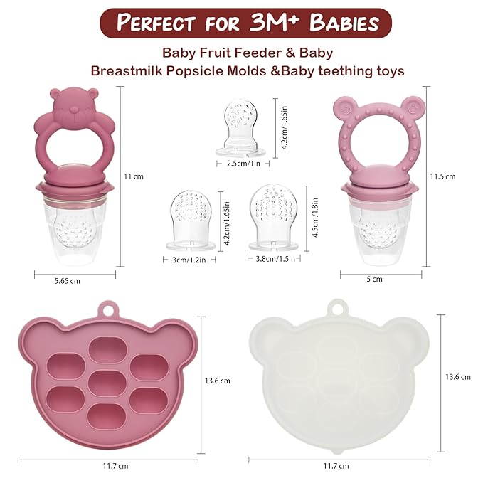 WAJIAYON Baby Breastmilk Popsicle Molds & Baby Fruit Feeder (4 Pack), Infant Food Freezer Tray Storage Containers, Silicone Teething Pacifier Feeder and Teether for Babies,Moss and Fawn Feeder(Pink)