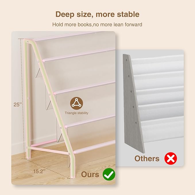 High-Transparent 4 Tier Kids Bookshelf, Sturdy Metal Large Size Book Rack Storage for Kids - Toddler Book Shelf Display for Nurasery, Playroom or Kids Room, Bookshelf Hold More Books - Pink