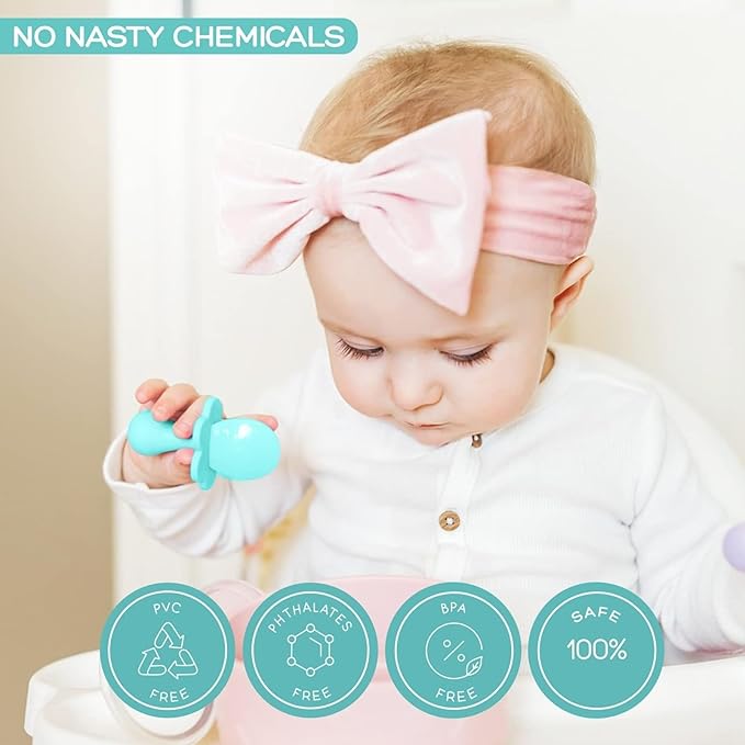 Grabease Baby Spoons and Forks Utensils for Toddlers Infants BPA-Free & Phthalate-Free Baby Silverware, 2 Sets, Teal and Gray - Infant Spoon - Toddler Fork