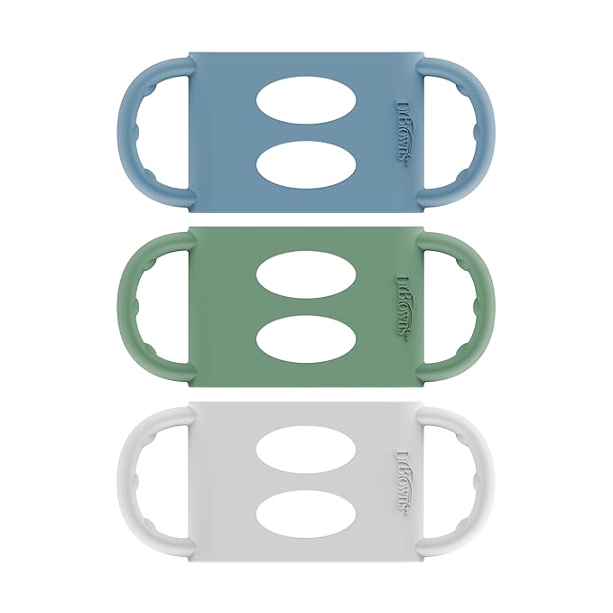 Dr. Brown's Wide-Neck Baby Bottle Handles, 100% Silicone, Easy Grip Removable Handles for Bottle to Sippy Cup Transition, Blue/Gray/Green, 3-Pack, 4m+