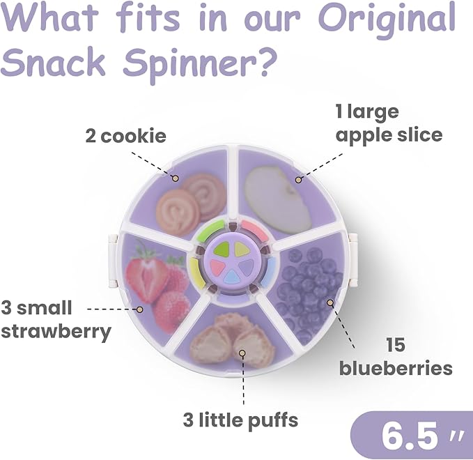 Kids Reusable Rotating Snack Container with 5 Separate Compartments, Color Matching Opening Lid, BPA/PVC-Free, Dishwasher Safe, Perfect for Travel, School Lunches & On-the-Go Snacking-Purple