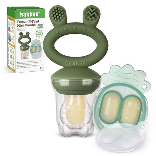 Haakaa Baby Fruit Food Feeder & Mini Freezer Nibble Tray Combo, Breastmilk Popsicle Molds for Baby Cooling Relief, BPA Free Silicone Feeder for Safe Infant Self Feeding, 4 Month+(Olive Green)