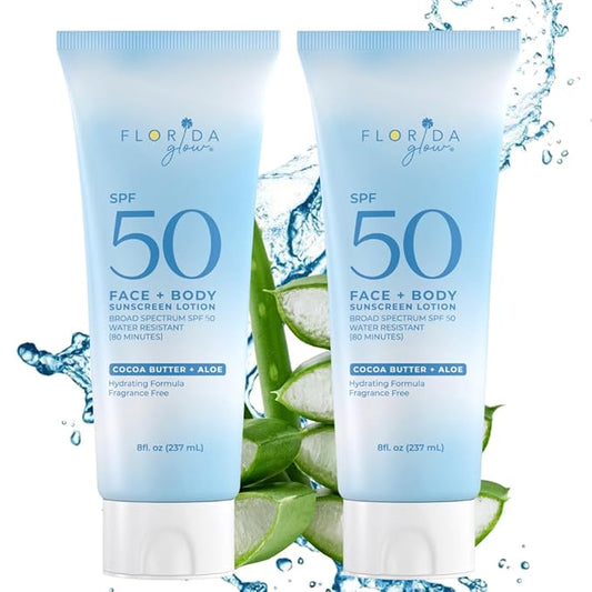 Florida Glow Water Based Sunscreen Lotion SPF 50, 8 OZ Pack of 2 - Florida keys and Hawaii act 104 reef compliant (oxybenzone and octinoxate free)- great for Kids and sports
