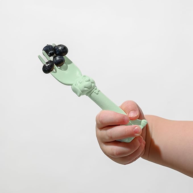 Made in USA Spoon la la Toddler Utensils Set - 2 Pack (1 Spoon & 1 Fork for Kids) - Self-Standing 3D Ergonomic Cat & Dog Handles - BPA-free, Dishwasher Safe, Baby Silverware (Mint Green)