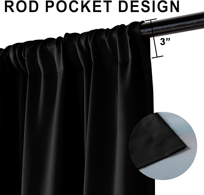 XWZO 100% Blackout Curtains - Extra Long Rod Pocket Thermal Insulated Black Liner Curtains, Noise Reducing and Heat Blocking Drapes for Bedroom with Tiebacks, Black, W52 x L108, Set of 2