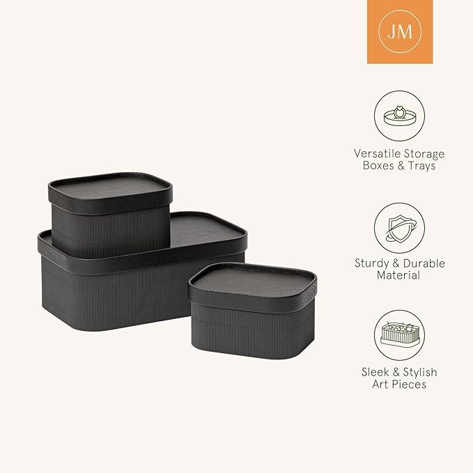 LA JOLIE MUSE Fluted Cardboard Storage Baskets with Leather-Like Lids, Paper Boxes Decorative Tray, Modern Basket Organizer Bins for Jewelry Shelve Bathroom Bedroom Organizing,Black, Set of 3