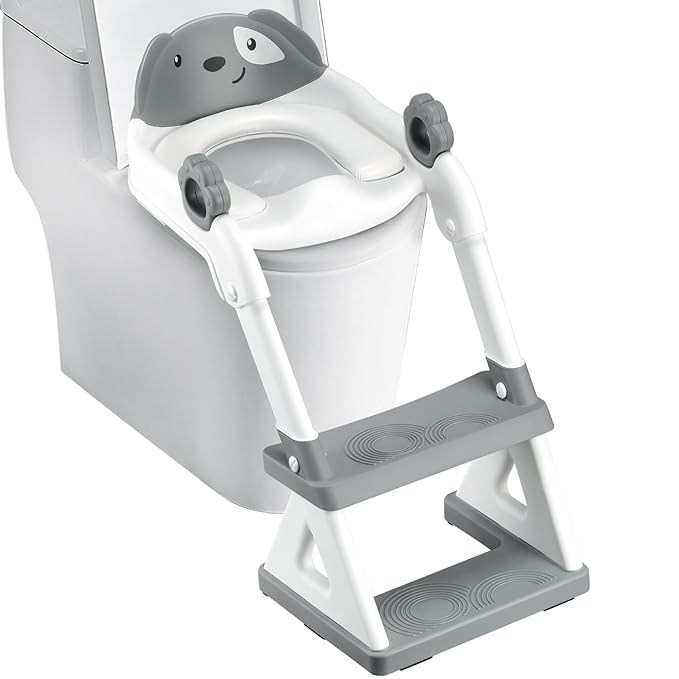 2 In 1 Potty Training Toilet Seat & Toddler Step Stool, Bottom Triangle Stability Toddler Toilet Seat, Adjustable Step & Seat Height Potty Seats (Grey)