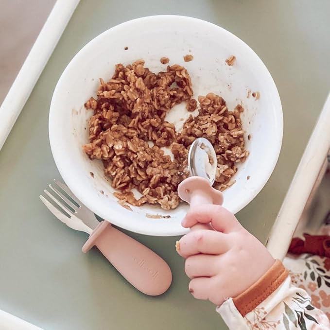 Ali+Oli Spoon & Fork Learning Set for Toddlers (Powder Pink) 6m+ Grab Easy BPA Free Food-Grade Silicone Handle, Kids Silverware Self Feeding Baby Utensil, Multi-stage Baby Feeding Set Ergonomic Design
