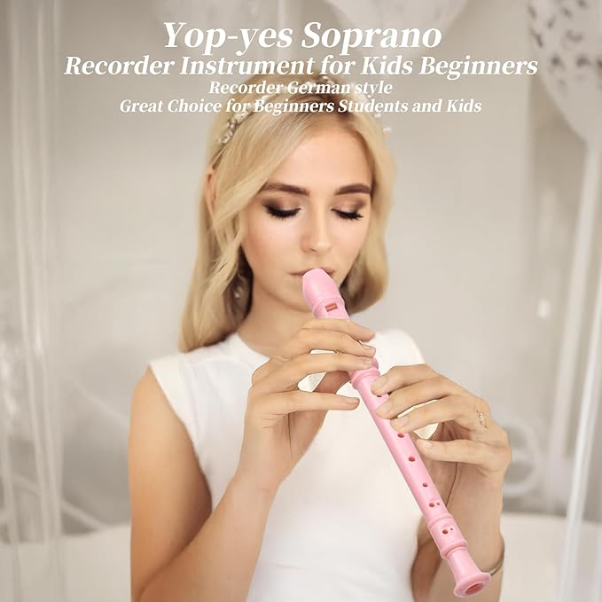 Soprano Recorder for Kids Beginners, German Fingering, C Key, 3 Piece with Cleaning Rod, Bag, Fingering Chart (Pink)…