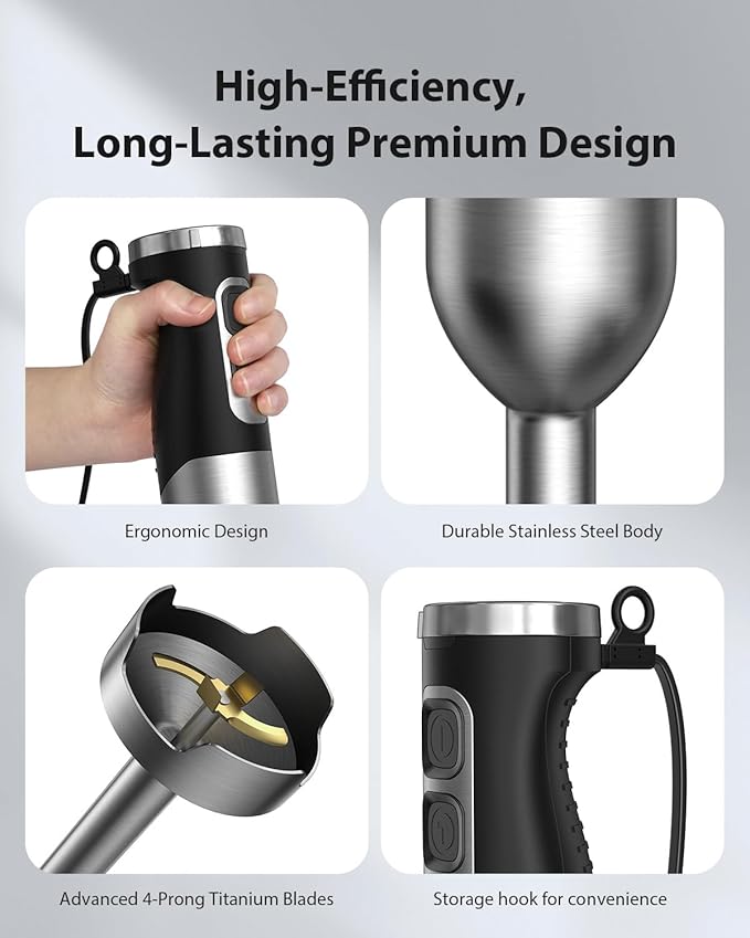 1000W Powerful Immersion Blender Handheld, 2025 New Update Hand Blender with 25-Speed and Heavy-Duty Copper Motor, 4 in 1 Hand Mixer with Chopper, Whisk, Beaker and Wand