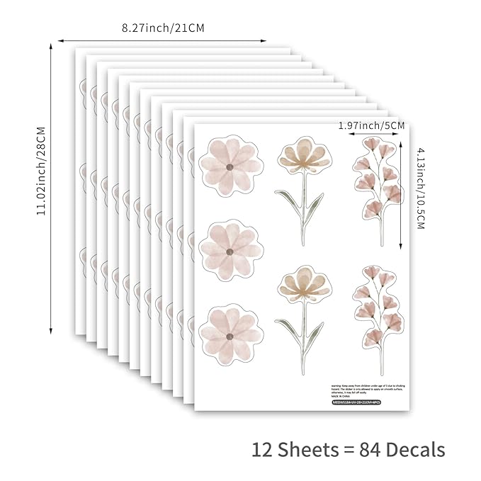 YouRfocus Daisy Wall Decals | 84 PCS Boho Flower Stickers for Girls' Rooms, Playrooms, and Nurseries | Dual Layer Print for High Coverage | Removable Peel and Stick Wall Decor (Pink-B) | 12 Sheets