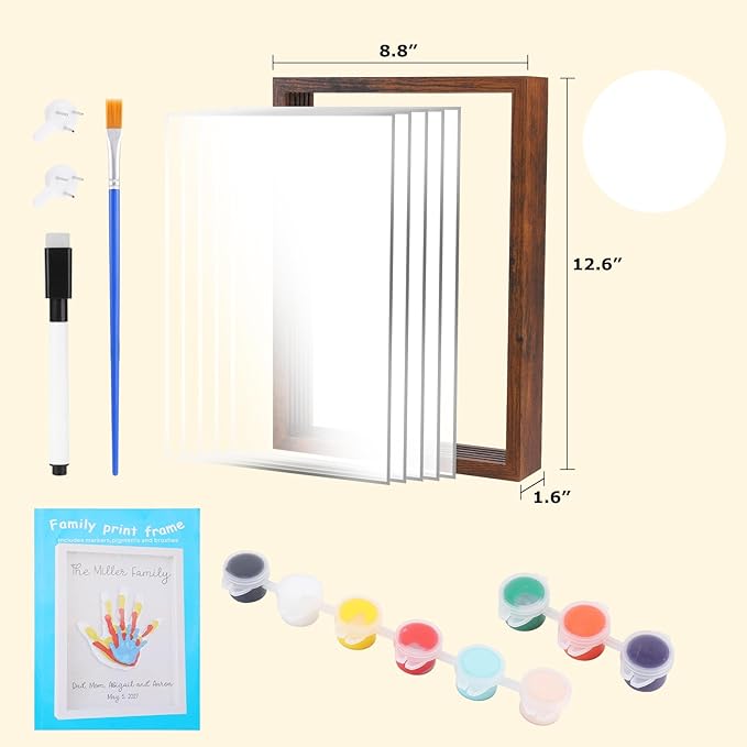 Family Handprint Kit,DIY Colorful Craft Keepsake Art Baby Newborn Hand and Footprint Wooden Frame for Home Decor New Mother Gifts Set(5 Sheets with 8 Colors) (Black)