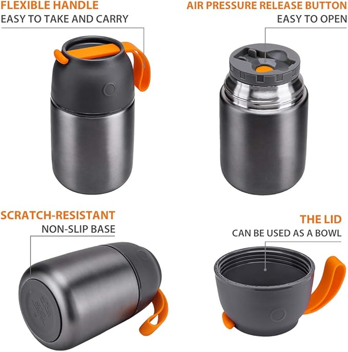 Insulated Thermo Food Jar for Hot & Cold Food for Kids Adult, 17&24 oz Soup Thermal Hot Food Containers for Lunch, Triple Layer Insulation Stainless Steel Food Jar with Spoon (2 Pack Grey)