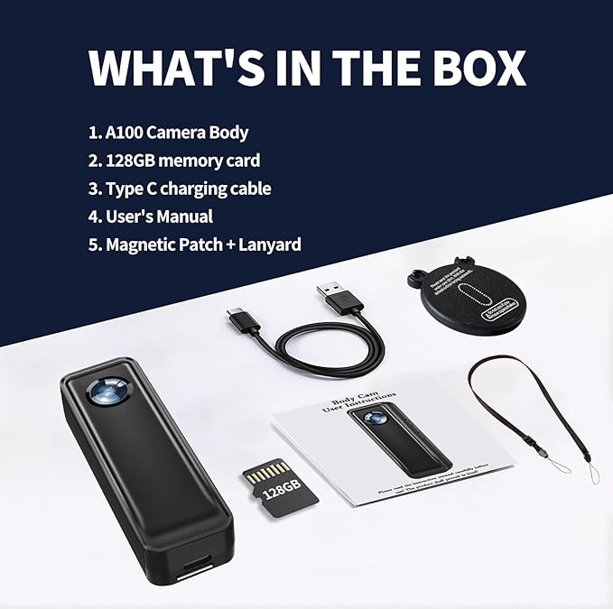Body Camera 128GB, 4K 30FPS Action Camcorder, Hands Free Sports Camera with Magnetic Back Clip, Mini Body Cam POV Records with Audio and Video Recording for Traveling Cycling Vlogging