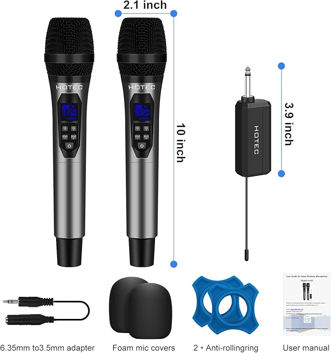 HOTEC Wireless Microphones Dual UHF Handheld Mic System with Echo/Volume Control, Rechargeable Receiver for Karaoke Church Wedding Party Speech, Compatible PA System, Karaoke Machine, and Mixer