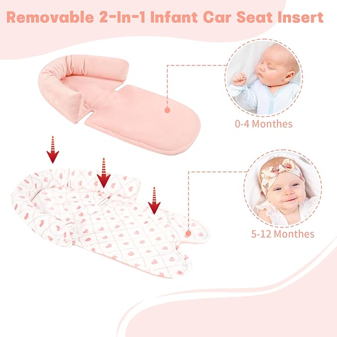 Infant Car Seat Insert, HNHUAMING Baby Car Seat Head & Body Support with 2 Strap Pads, Ultra Soft Newborn Preemie Carseat Insert Cushion for Girls Boys, Fits Car Seat, Stroller, Swing, Bouncer, Pink