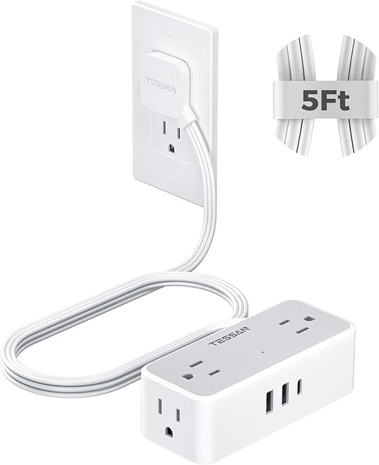 Flat Plug Extension Cord 5 FT, TESSAN Surge Protector Power Strip with 4 AC Outlets 1 USB C and 2 USB A Ports, 900 Joules Protection, Multiple Wall Outlet Extender Suitable for Home Office Dorm