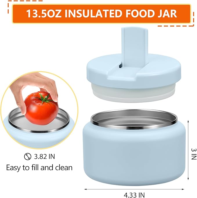 13.5oz Kids Thermos for Hot Food, Insulated Vacuum Food Jar with Buckle Lid, Stainless Steel Wide Mouth Leak Proof Insulated Lunch Container for School Picnic Travel, Blue