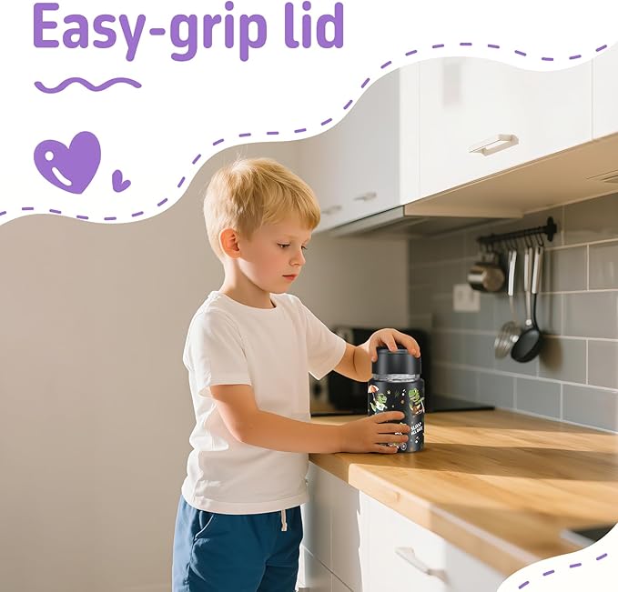 2-Pack Stainless Steel Vacuum Insulated Food Jar with Spoon, Soup Thermo Hot & Cold for Kids & Adults, Leakproof Insulated Lunch Containers with Carry Bag, 17oz.(Black-Dinosaur)