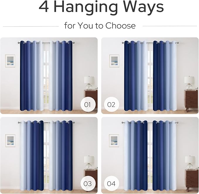 HOMEIDEAS Navy Blue Ombre Blackout Curtains, 52 X 96 Inch Length Gradient Color Room Darkening Curtains with Grommet Thermal Insulated Window Drapes for Living Room, Bedroom, 2 Panels