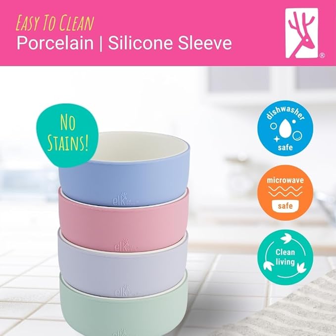 Elk and Friends Kids Porcelain Bowls with Silicone Suction Sleeve | Kids/Toddler/Baby Feeding | Microwave & Dishwasher Safe | Non slip | Cereal/Soup/Snack Dishes & Dinnerware