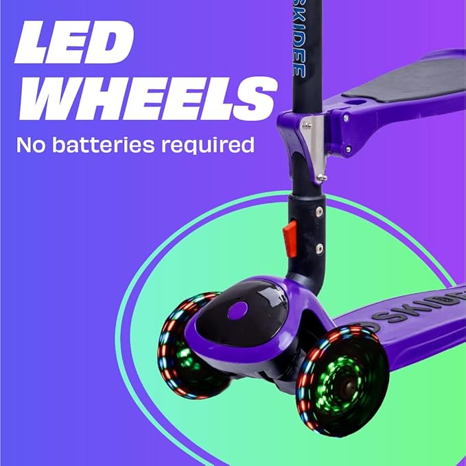 SKIDEE Kick Scooters for Kids Ages 3-5, Adjustable Height Foldable Scooter with Removable Seat, 3 LED Light Wheels, Rear Brake, Wide Standing Board, Suitable Up to 12 Year Old Boys/Girls