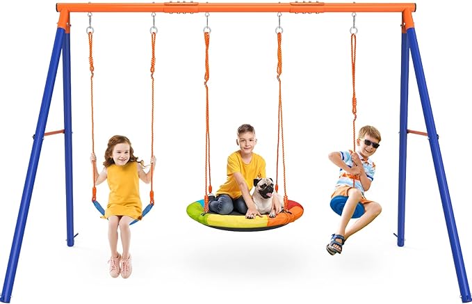 GIKPAL Swing Sets for Backyard, Outdoor Swing Set for Kids Ages 3-8, Outdoor Heavy-Duty Metal Swing Set with 2 Saucer Swings and a Double Ring Swing, 440 lbs Capability,Yellow-blue1,Medium,(YCQQJ01)