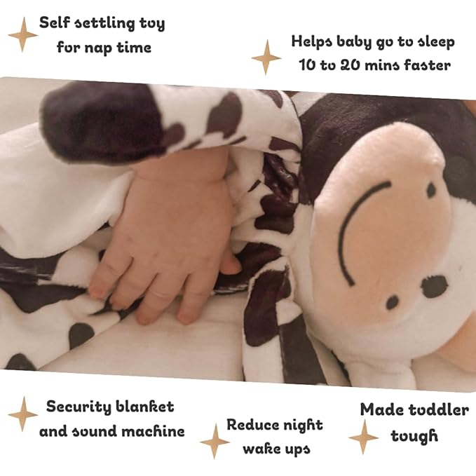 Love By Emi Baby Music Lovey Black & White Cow, Baby Sleep Soother for Crib & Cuddle Bedtime, White Noise with Heartbeat & Lullaby, Plush Sound Toy, Stuffed Animal for Newborns, Infants & Toddlers