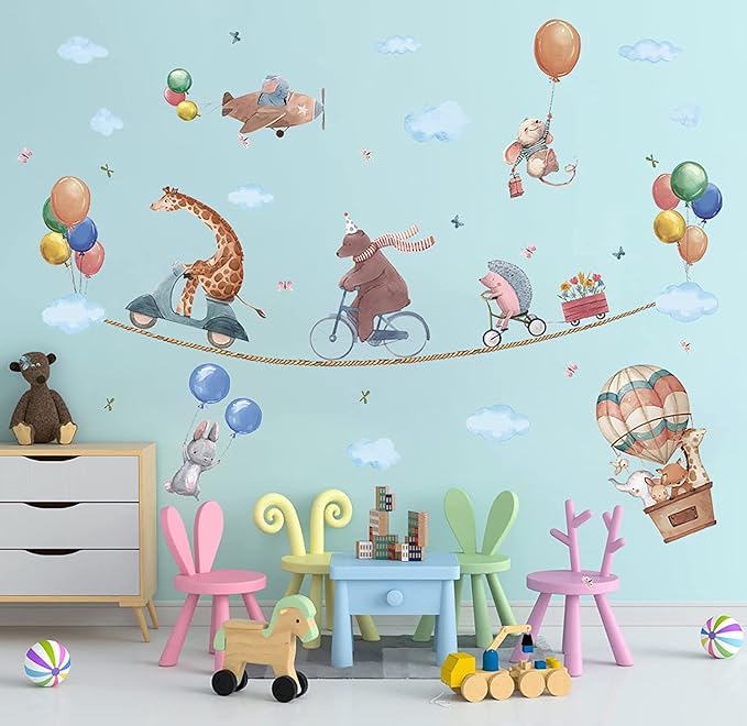 TOARTi Jungle & Woodland Animals Wall Decals - Hot Air Balloon & Elephant Giraffe Rabbit Wall Art Stickers for Baby & Kids Room Decoration