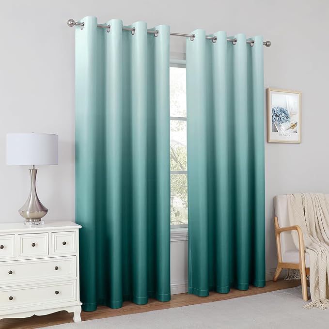 HOMEIDEAS Teal Ombre Blackout Curtains 52 X 63 Inch Length Gradient Room Darkening Thermal Insulated Energy Saving Grommet 2 Panels Window Drapes for Living Room, Bedroom