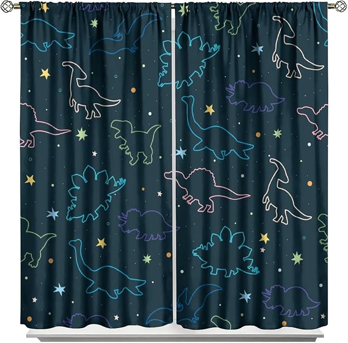 Cartoon Colorful Dinosaur Curtains for Kids Boys Girls Home Decor, Astronaut Funny Outer Space Star Blackout Rod Pocket Window Drapes for Bedroom Living Room W21xL45in 2 Panels