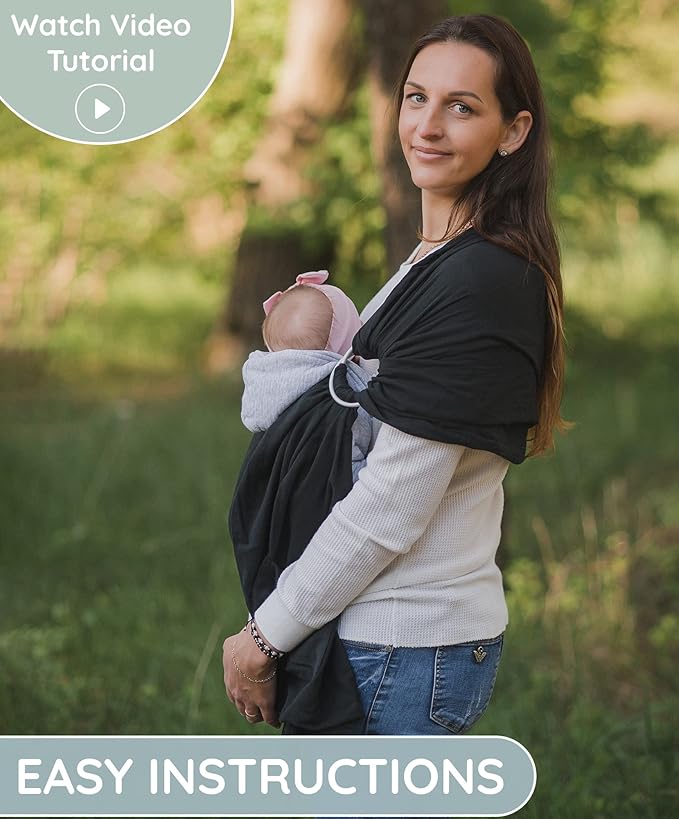Lightweight Baby Sling 100% Cotton Newborn, Toddler, Infant Adjustable Ring Sling Breathable Travel Carrier Black