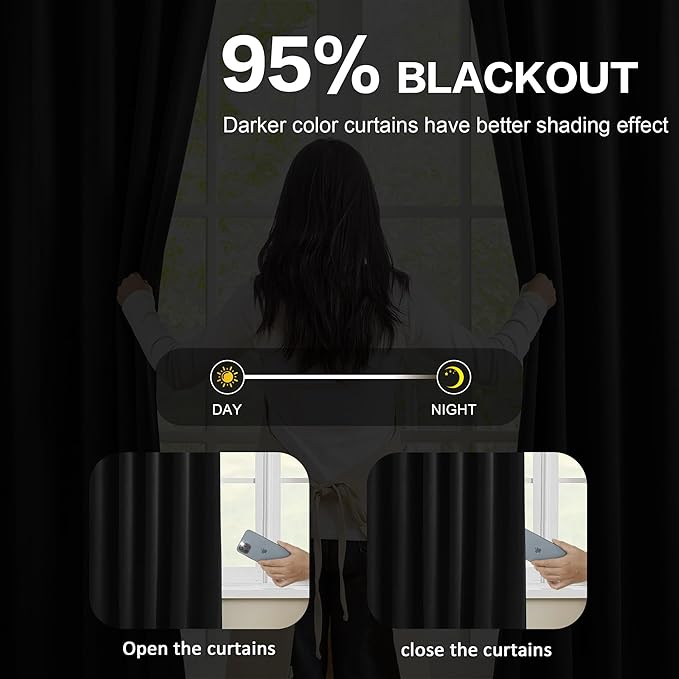 KEQIAOSUOCAI 72 Inch Wide Black Pinch Pleated Curtains 72 x 108, Thermal Insulated Noise Cancelling Living Room Office Drapes 108 Inches Long, Patio Sliding Glass Door Window Curtain 2 Panels