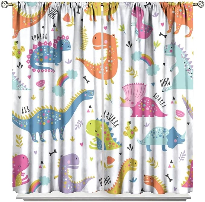 Cartoon Dinosaur Curtains for Kids Boys Girls Home Decor Childish Cute Dino Animals Print Pattern Rod Pocket Blackout Window Drapes for Nursery Baby Bedroom Playroom W36xL63in 2 Panels