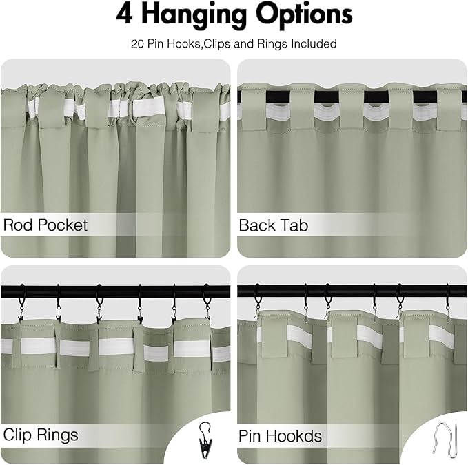 ANRODUO Back Tab Blackout Curtains for Bedroom Living Room, Rod Pocket Pinch Pleated Thermal Insulated Room Darkening Curtains 92 Inches Long 2 Panels, Sage Green, 42 x 92 Inch
