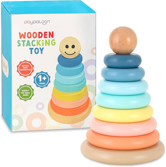 Play Platoon Wooden Rainbow Stacking Toy Ring Stacker, Educational Interactive Learning Toys, Create Stacks of Circles for Kids, Babies, Toddlers and Children