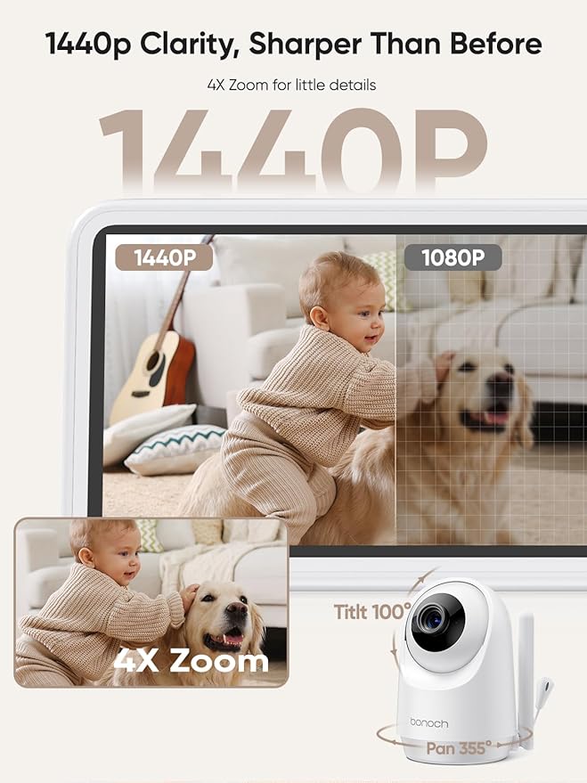 bonoch 5.5" 1440p Baby Monitor with Camera and Audio, No WiFi Baby Camera, 240h Lasting, Smart Detect Sleep Turn Over/Cry/Motion, 7800mAh, Hack Proof Video Monitor, Built-in Sound Machine White Noise