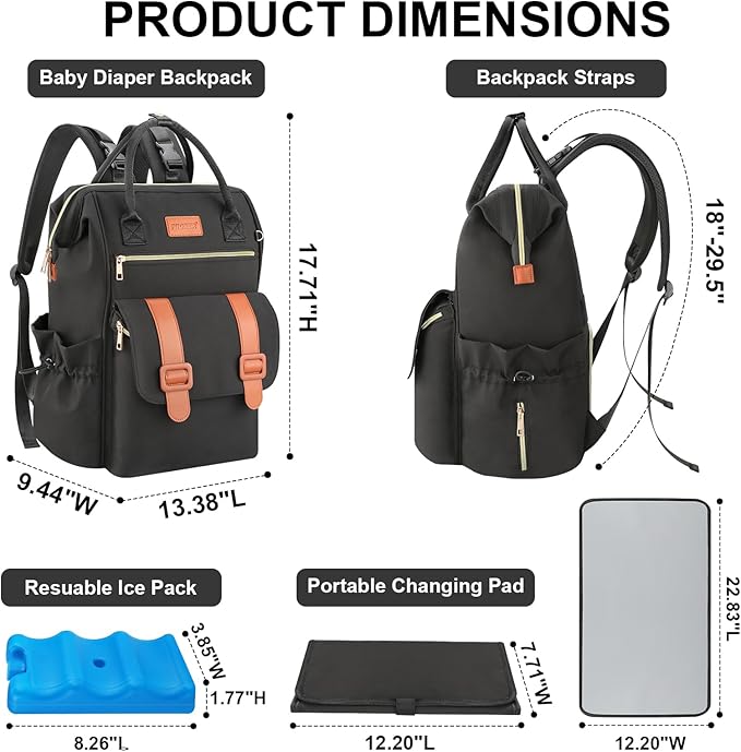 PIIOSER Diaper Bag Tote with Ice Pack, Large Capacity & Waterproof Diaper Bag Backpack for Moms Dads, Insulated Baby Tote Bag with Changing Pad, Stroller Straps & Pacifier Case, Black