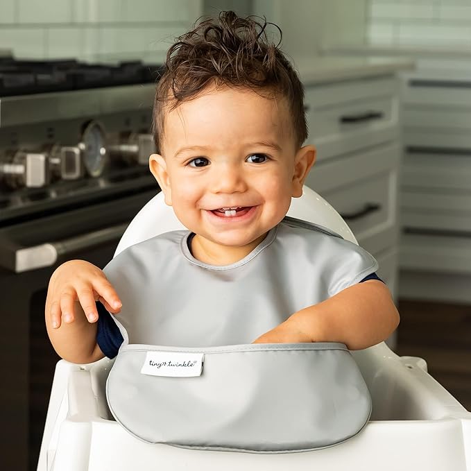 Tiny Twinkle Mess Proof Baby Bibs for Eating - Waterproof, Wipeable Bibs - Toddler Bibs - Travel Friendly - PFAS, PVC, BPA, Phthalate Free - Baby Food Bibs(5 Pack, Unisex Solids)