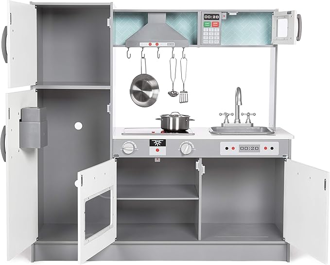 Amazon Basics Kids Kitchen Set, Play Kitchen Toy Playset for Toddlers, Preschoolers, 39"L x 11.8"W x 39"H, White & Gray