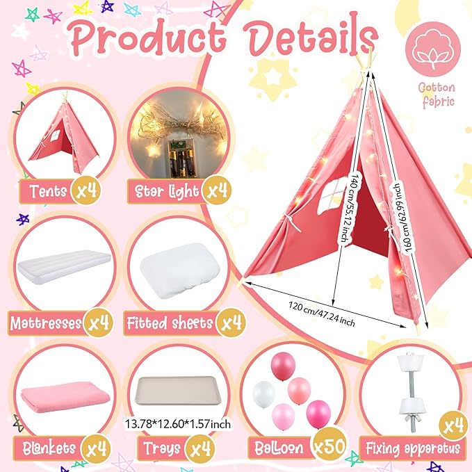 Windyun 4 Pack Kids Teepee Tent for Slumber Party with Mattress and Lights, Sleepover Tents for Girls Boys Indoor Outdoor Cotton Teepee for Kids with Airbed Tray Blanket Birthday Party Supplies(Pink)