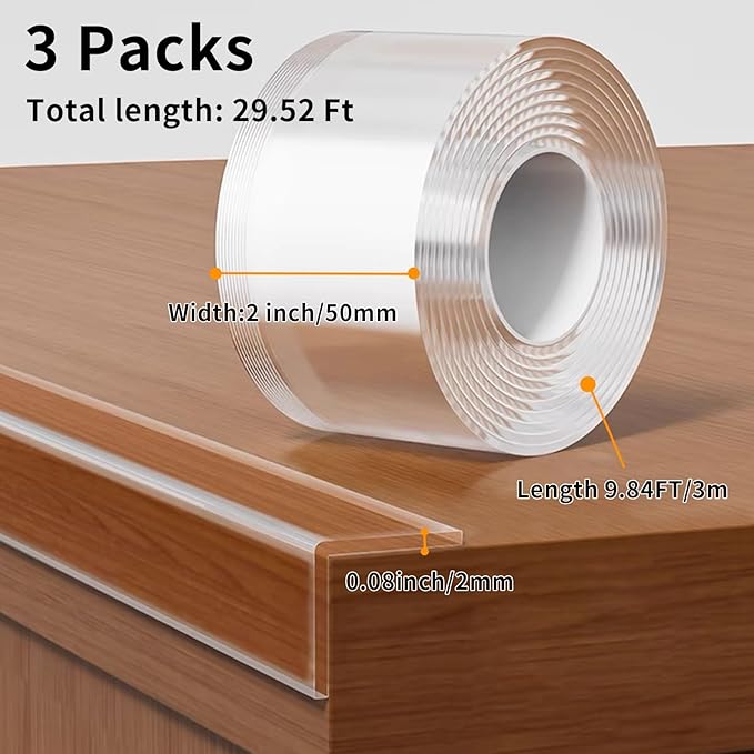 3Pack Soft Corner Protectors for Furniture Strip,2 in x 9.84 Ft,Wall Corner Bumper Tape,Desk Edge,Baseboard Protector,Clear Cabinet Door Protector Edge Guard,Crib Rail Covers for Teething