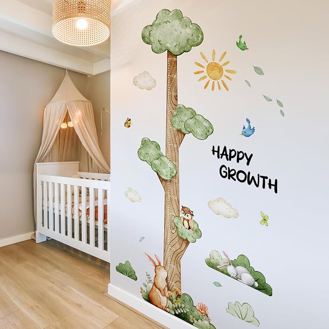 3D Cartoon Height Growth Chart for Kids Wall Stickers Removable DIY Jungle Animals and Plants Height Sticker Peel and Stick Sun White Clouds Wall Art Decor for Nursery Kids Bedroom Living Room